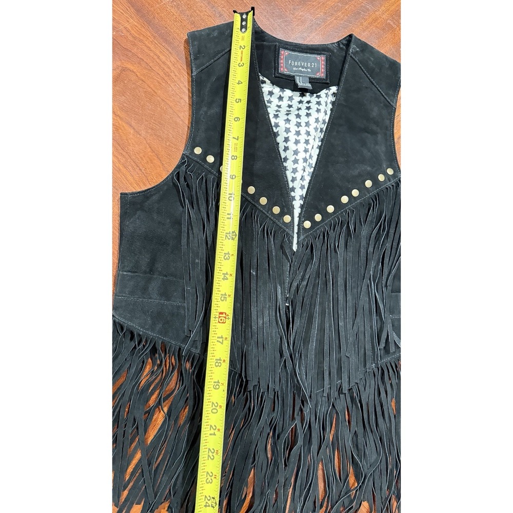Forever 21 Women's Black Suede Leather Fringe Studded Vest Boho Festival Sz M - Picture 7 of 10